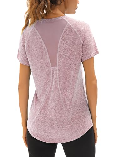 Wayleb Sport T-Shirt Damen Kurzarm V-Ausschnitt Sportshirt Back Mesh Sommer Leichtes Atmungsaktiv Fitness T-Shirts Laufen Yoga Gym Funktionsshirt Locker, Hellrosa-lila M von Wayleb