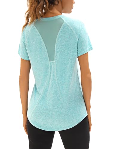 Wayleb Sport T-Shirt Damen Kurzarm V-Ausschnitt Sportshirt Back Mesh Sommer Leichtes Atmungsaktiv Fitness T-Shirts Laufen Yoga Gym Funktionsshirt Locker, See blau M von Wayleb