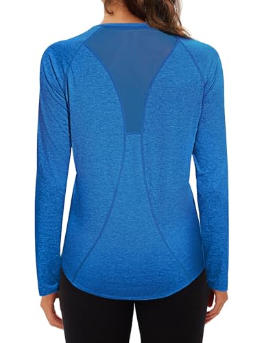 Wayleb Sport T-Shirt Damen Langarm V-Ausschnitt Sportshirt Back Mesh Leichtes Atmungsaktiv Fitness Shirts Laufen Yoga Langarmshirt Gym Funktionsshirt Einfarbig Locker, Blau M von Wayleb