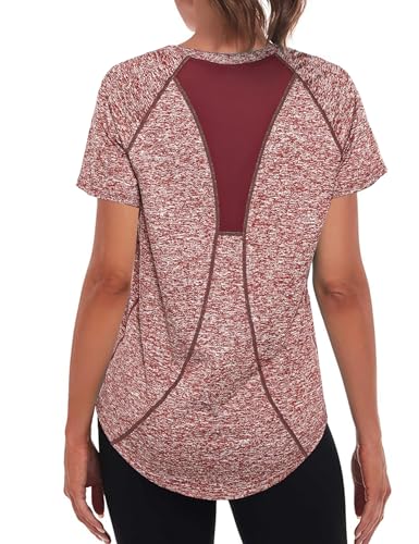 Wayleb Sport Tshirts Damen Atmungsaktiv Sportshirt Kurzarm Rundhals Fitness T-Shirt Laufshirt Schnell Trocken Funktionsshirt Back Mesh Gym Yoga Oberteile Locker, Rotwein XXL von Wayleb