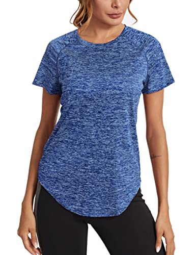 Wayleb Sport Tshirts Damen Sport Shirts für Damen Mesh Oberteile Schnell Trocken T-Shirt Fitness T-Shirt Kurzarm Funktionsshirt Gym Yoga Tops DunkelblauL von Wayleb