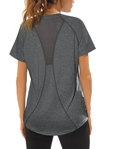 Wayleb Sport Damen T Shirt Atmungsaktiv Sportshirt Kurzarm Rundhals Funktionsshirt Back Mesh Leichtes Laufshirt Sport Oberteile Fitness Gym Yoga Top, grau XXL von Wayleb