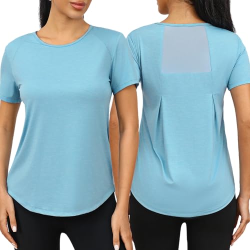 Wayleb Sportshirt Damen Kurzarm - Leichtes Atmungsaktiv Sport T-Shirt - Sommer Funktionsshirt mit Back Mesh - Locker Casual Sportoberteil fur Fitness Gym Yoga, Himmelblau XXL von Wayleb