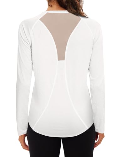 Wayleb Sportshirt Damen Langarm, V-Ausschnitt Sport T-Shirt Longesleeve Leicht Atmungsaktiv Funktionsshirt Laufshirt Trainingsshirt Back Mesh Locker Lang Sportoberteile, Weiß XXL von Wayleb
