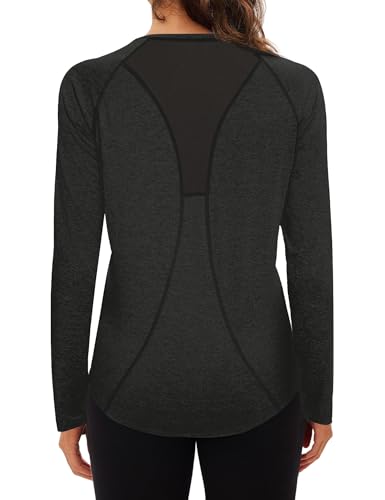 Wayleb Sportshirt Damen Langarm V-Ausschnitt Funktionsshirt Laufshirt Back Mesh Atmungsaktiv Trainingsshirt Fitness Gym Langarmshirt Activewear-T-Shirts Oberteile Locker, Schwarz XXXL von Wayleb