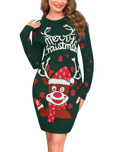 Wayleb Strickkleid Weihnachten Damen Strickkleid Festliches Kleid Lustig Merry Christmas Rentier-Motiv Weihnachtskleid Rundhals Langarm Weihnachts Pulloverkleid Winterkleid, Grün XXL von Wayleb