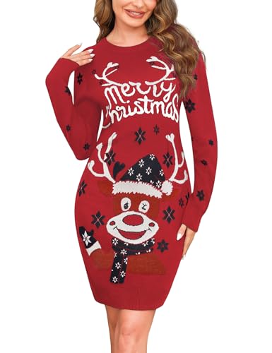 Wayleb Strickkleid Weihnachten Damen Strickkleid Festliches Kleid Lustig Merry Christmas Rentier-Motiv Weihnachtskleid Rundhals Langarm Weihnachts Pulloverkleid Winterkleid, Rot XXL von Wayleb