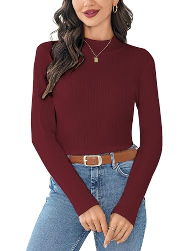 Wayleb Strickpullover Damen Gerippter Rollkragenpullover Feinstrick Langarm Stehkragen Strick Pullover Sweater Elegant Strickpulli Herbst Winter Einfarbig Pulli, Weinrot M von Wayleb