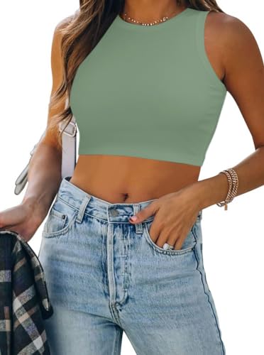 Wayleb Tank Top Damen Kurz Ärmellos Racerback Crop Tops Hoher Rundhalsausschnitt Rippenstrick Tanktops Einfarbig Y2K Top, Hellgrün S von Wayleb