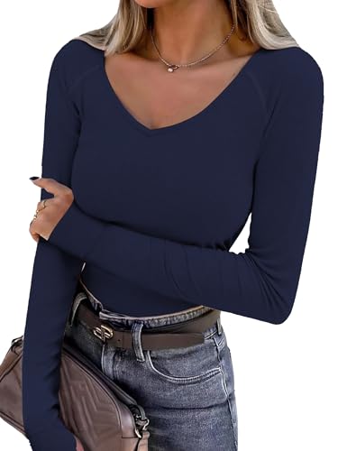 Wayleb Langarmshirt Damen Basic Casual Leicht Pullover mit Daumenlöchern Herbst Longsleeve Top Frühling Elegant Sportshirt Marineblau S-3XL von Wayleb