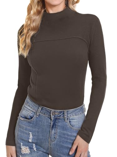 Wayleb Thermoshirt Damen Langarm Stehkragen Oberteile Elegant Langarmshirt Rolli Longsleeve Leicht Pullover Shirt Einfarbig Freizeit Tops Herbst Winter, Braun S von Wayleb