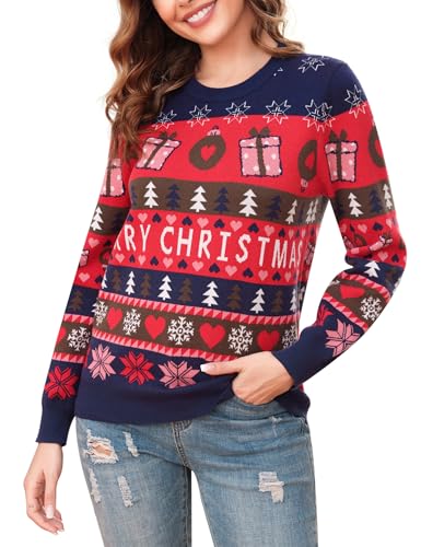 Wayleb Weihnachtspulli Damen Rundhals Strick Weihnachten Pullover Merry Christmas Weihnachtspullover Partnerlook Paare Ugly Christmas Sweater Feinstrick Werihnachts Pulli, Navy blau M von Wayleb