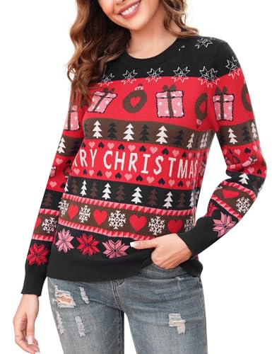 Wayleb Weihnachtspulli Damen Rundhals Strick Weihnachten Pullover Merry Christmas Weihnachtspullover Partnerlook Paare Ugly Christmas Sweater Feinstrick Werihnachts Pulli, Schwarz M von Wayleb