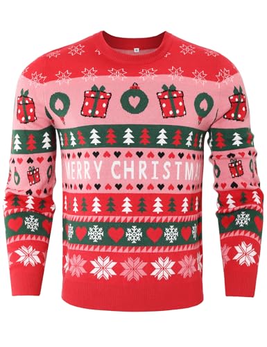 Wayleb Weihnachtspulli Herren Merry Christmas Ugly Christmas Sweater Weihnachtspullover Partnerlook Paare Rundhals Xmas Pullover Festlicher für Weihnachten Party, Rot S von Wayleb