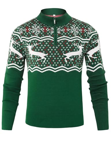 Wayleb Weihnachtspullover Herren 1/4 Half Zip Pullover Männer Stehkragen Winterpullover Weiche Warme Strickpuulover mit Weihnachts Rentiermotiv für Weihnachten Partys, Grün XL von Wayleb
