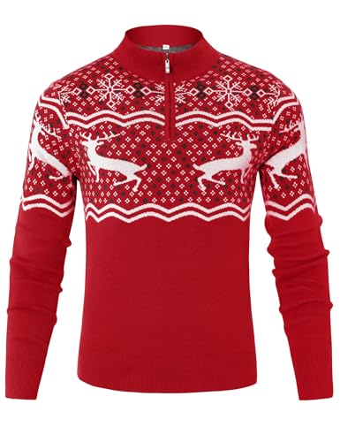 Wayleb Weihnachtspullover Herren 1/4 Half Zip Pullover Männer Stehkragen Winterpullover Weiche Warme Strickpuulover mit Weihnachts Rentiermotiv für Weihnachten Partys, Rot XL von Wayleb