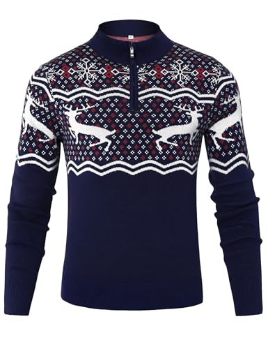 Wayleb Weihnachtspullover Herren Lustig 1/4 Zip Strickpullover Stehkragen Langarm Weihnachts Pullover Christmas Rentier Schneeflocken Xmas Sweater für Weihnachtsfeiern, Navy blau 3XL von Wayleb