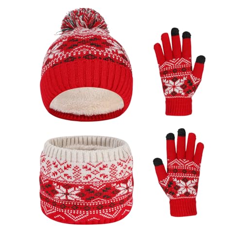 Waylipun Kinder Wintermütze Schal Handschuhe Set, 3 in 1 Warm Winte Strickmütze Kinder Mütze Set mit Plüsch Innenfutter für 2-7 Jahre Kinder Jungen Mädchen (Christmas Rot) von Waylipun