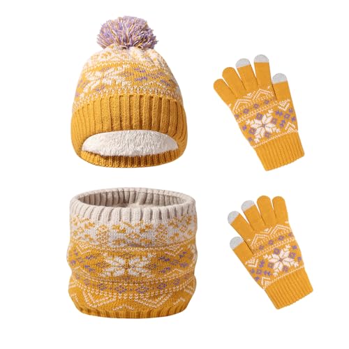 Waylipun Kinder Wintermütze Schal Handschuhe Set, 3 in 1 Warm Winte Strickmütze Kinder Mütze Set mit Plüsch Innenfutter für 2-7 Jahre Kinder Jungen Mädchen (Gelb) von Waylipun