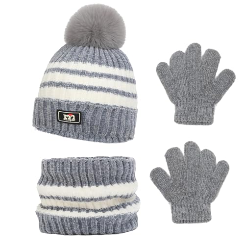 Waylipun Kinder Wintermütze Schal Handschuhe Set, 3 in 1 Warme Streifen Strickmütze Loop Schal Handschuhe Set mit Plüsch Innenfutter für 3-8 Jahre Kinder Jungen Mädchen (Grau) von Waylipun