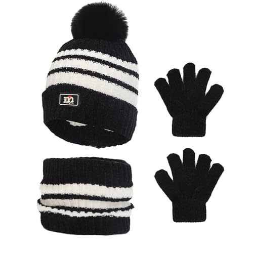 Waylipun Kinder Wintermütze Schal Handschuhe Set, 3 in 1 Warme Streifen Strickmütze Loop Schal Handschuhe Set mit Plüsch Innenfutter für 3-8 Jahre Kinder Jungen Mädchen (Schwarz) von Waylipun