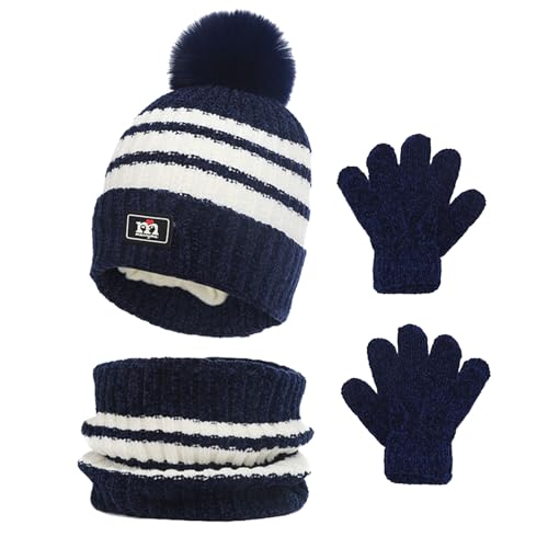 Waylipun Kinder Wintermütze Schal Handschuhe Set, 3 in 1 Warme Streifen Strickmütze Loop Schal Handschuhe Set mit Plüsch Innenfutter für 3-8 Jahre Kinder Jungen Mädchen (Tiefblau) von Waylipun