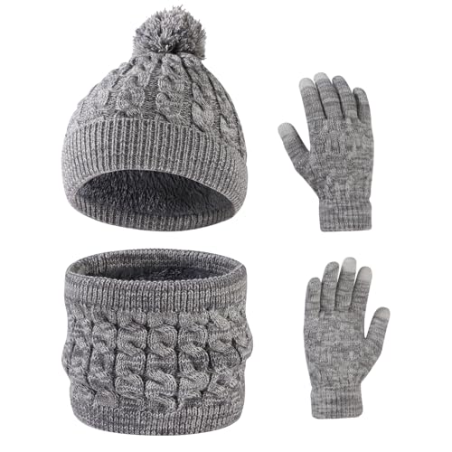 Waylipun Wintermütze Schal Handschuhe Set für Mädchen Jungen, 3 in 1 Warm Winte Strickmütze Kinder Mütze Set mit Plüsch Innenfutter für Kinder 3-10 Jahre (Grau-Mix) von Waylipun