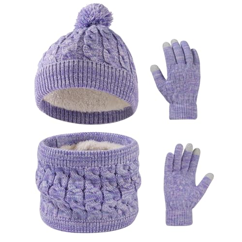 Waylipun Wintermütze Schal Handschuhe Set für Mädchen Jungen, 3 in 1 Warm Winte Strickmütze Kinder Mütze Set mit Plüsch Innenfutter für Kinder 3-10 Jahre (Lila-Mix) von Waylipun
