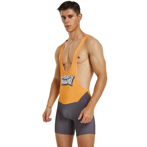 Wayonge Herren Wrestling Singlet Athletic Leotard for Active Wrestling or Workout Jumpsuits Men's Sleeveless Sport Bodysuit, Tw-9711-orangegrau, X-Large von Wayonge