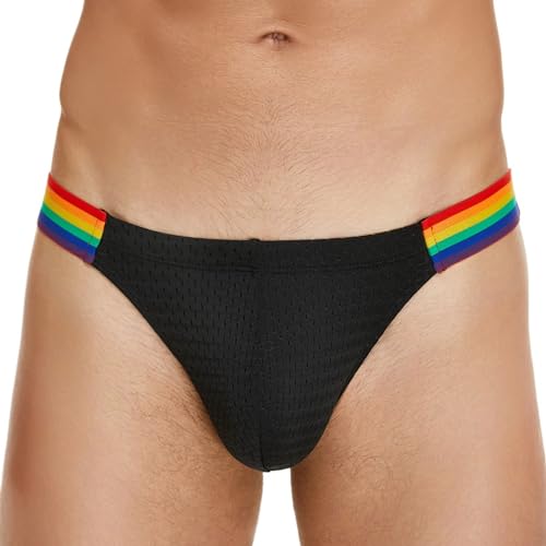 Wayonge Sexy Herren-Slips aus Eisseide mit atmungsaktivem Mesh und Regenbogen-Po-verstärkenden Streifen, Schwarz, Large Wayonge Sexy Herren-Slips aus Eisseide mit atmungsaktivem Mesh und Regenbogen-Po-verstärkenden Streifen, Schwarz, Large von Wayonge