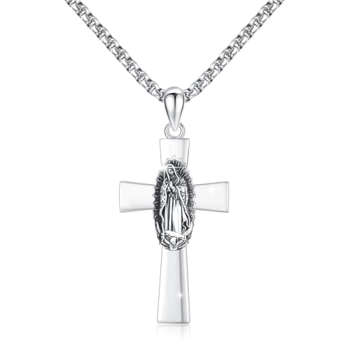 925 Sterling Silber Jungfrau Maria Halskette mit Kreuz Maria Halskette Christliche Guadalupe Anhänger Halskette Christliche Geschenke für Frauen und Männer von Waysles