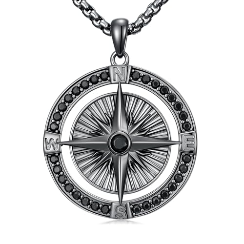 925 Sterling Silber Vintage Kompass Halskette mit schwarzem Zirkonia Retro Design Kompass Schmuck 55 + 5 cm Verstellbar Abschluss Geschenk für Männer Frauen Sammler von Waysles