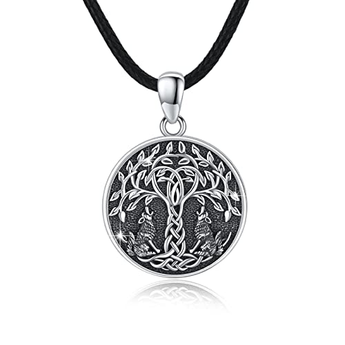 Baum des Lebens Kette Herren 925 Sterling Silber Lebensbaum Wolf Anhänger mit keltischer Knoten Runde Wikinger Amulett Wolf Schmuck Geschenke für Damen Männer von Waysles