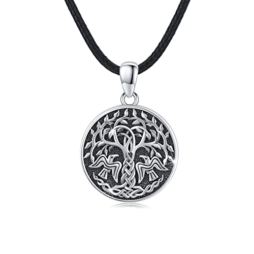 Baum des Lebens Kette Herren 925 Sterling Silber Lebensbaum Krähe Anhänger mit keltischer Knoten Runde Wikinger Amulett Raben Schmuck Geschenke für Damen Männer von Waysles