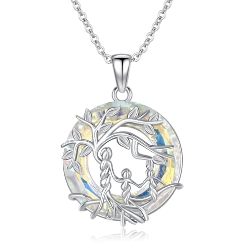 Damen Baum des Lebens Halskette 925 Sterling Silber Mutter und 2 Kinder Kette mit Kreis Kristall Lebensbaum Rund Anhänger Mama Tochter Schmuck Geschenke für Mädchen-Farbe weiß von Waysles