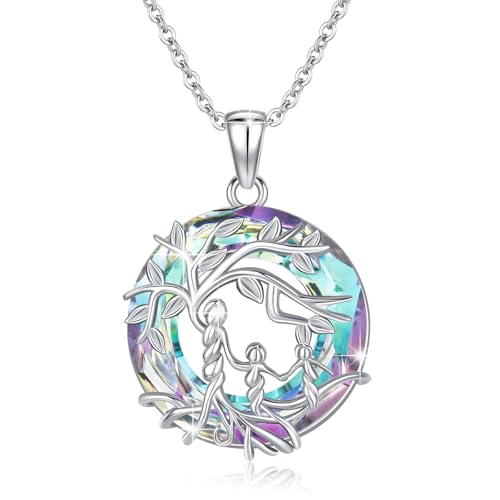 Damen Baum des Lebens Halskette 925 Sterling Silber Mutter und 2 Kinder Kette mit Kreis Kristall Lebensbaum Rund Anhänger Mama Tochter Schmuck Geschenke für Mädchen- Rosa von Waysles