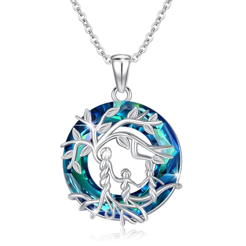 Damen Baum des Lebens Halskette 925 Sterling Silber Mutter und 2 Kinder Kette mit Kreis Kristall Lebensbaum Rund Anhänger Mama Tochter Schmuck Geschenke für Mädchen von Waysles
