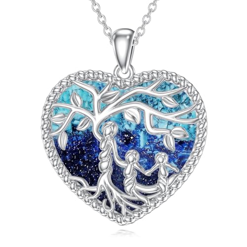 Damen Baum des Lebens Halskette 925 Sterling Silber Mutter und 2 Kinder Kette mit Türkis Lebensbaum Herz Anhänger Muttertag Mama Tochter Schmuck Geschenke von Waysles