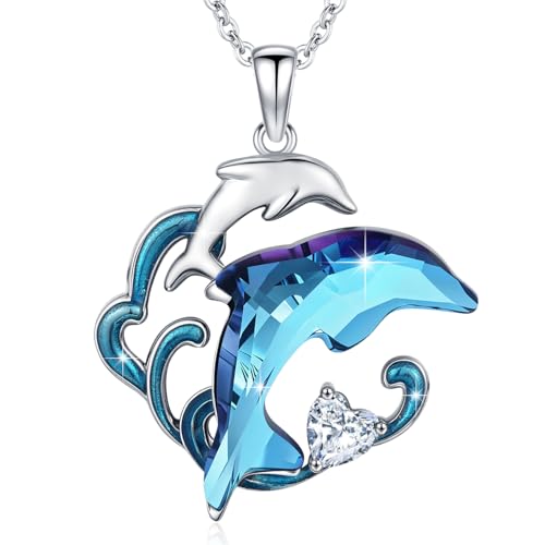 Delfin Halskette 925 Sterling Silber mit Blauem Kristall Herz Design Meerestier Schmuck Geschenk für Mutter Tochter Frauen Meereswellen Motiv Mutter Kind Schmuck von Waysles