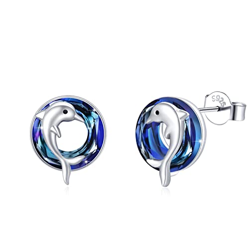 Delphin Ohrringe 925 Sterling Silber Delfin Ohrstecker Mädchen Delphin mit Kreis Kristall Ohrringe Tier Kristall Schmuck für Damen Mädchen Kinder von Waysles