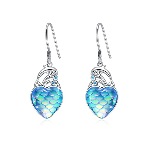 Delphin Ohrringe Hängend 925 Sterling Silber - Blaues Herz Baumelnde Ozean Meerjungfrau Themen Schmuck Geschenke für Damen Mädchen Kinder von Waysles