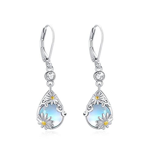 Mondstein Gänseblümchen Ohrringe - Sterling Silber 925 Leverback Tropfen Schmuck - Geschenke für Damen und Mädchen von Waysles