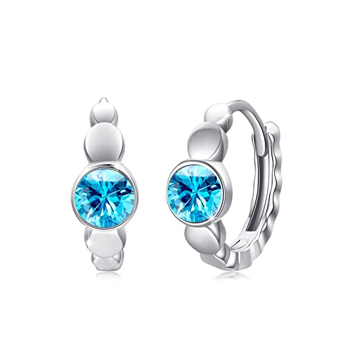 Geburtsstein März Ohrringe 925 Sterling Silber Klein Geburtsstein Creolen Blau Zirkonia birthstone Hinged Klapp Creolen für Damen Kinder 10 mm von Waysles