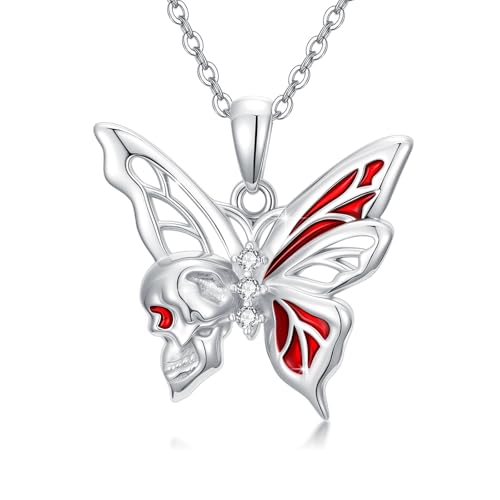 Gothic Halskette 925 Sterling Silber Totenkopf mit Schmetterling 18 + 5 cm Verstellbar Geschenk für Frauen Mädchen Dunkler Schmuck Symbol der Transformation von Waysles