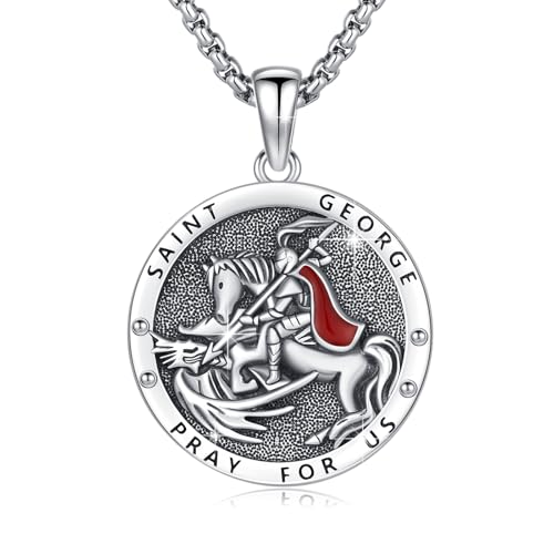 Heiliger Georg Halskette 925 Sterling Silber Heiliger Medaille kette Beschütze uns Amulett Schmuck Geschenk für Männer Frauen with 2.5mm 22+2 Zoll Rolo Ketten von Waysles