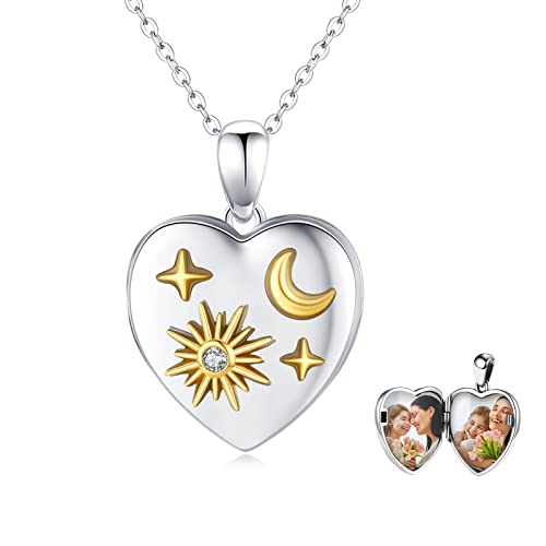 Herz Medaillon Kette 925 Sterling Silber Foto Medaillon Herz Anhänger Halskette mit Sonne Mond Sterne Amulett Medaillon Halskette Geburtstags Geschenk für Damen Mutter Tochter von Waysles