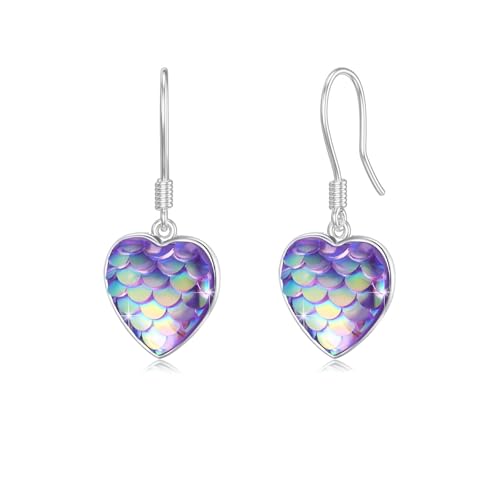 Herz Ohrringe Hängend 925 Sterling Silber Meerjungfrau Ohrhänger Lila Herz Ohrringe Meerjungfrauenschuppen Schmuck für Mädchen Damen Kinder von Waysles