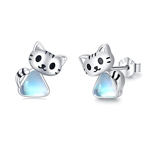 Katze Ohrstecker 925 Sterling Silber kleine Katzen Ohrringe mit Mondstein Ohrstecker Hypoallergene Niedlich Tier Ohrringe Katze Schmuck Geschenke für Mädchen Damen Kinder 12 mm von Waysles