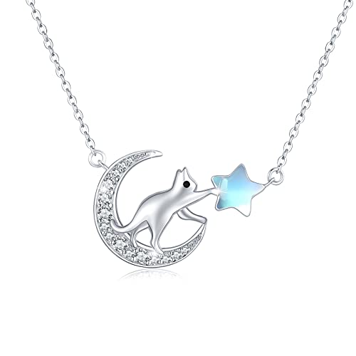 Katze Stern und Mond kette 925 Sterling Silber Mond Katze Anhänger Kette mit Stern Mondstein Halskette Tier Katze Schmuck Geschenke für Damen Mädchen Kinder von Waysles