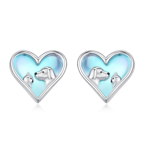 Katzen Hunde Ohrringe 925 Sterling Silber Mondstein-Herz-Ohrstecker, hypoallergen, niedliches Tier, Katze, Hund, Freundschaftsohrringe, Mondstein-Schmuck für Schwestern, Freunde. von Waysles